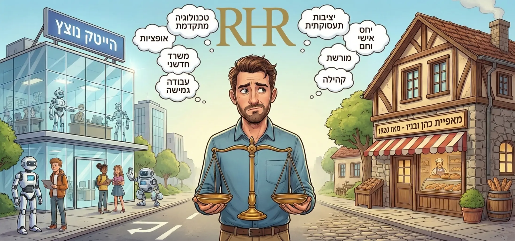 איור הממחיש תחרות על עובד אחד: מצד אחד משרד הייטק נוצץ ומצד שני עסק יציב ומשפחתי, כאשר העובד שוקל את היתרונות של כל צד