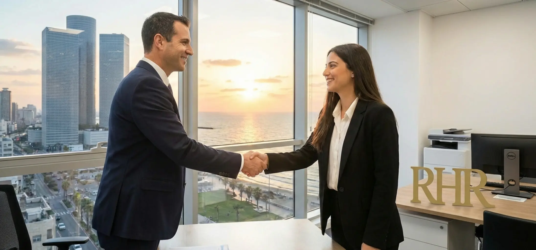 תמונה של לחיצת יד חמה ומקצועית בין מעסיק לעובד חדש במשרד מואר עם נוף אורבני של תל אביב ברקע