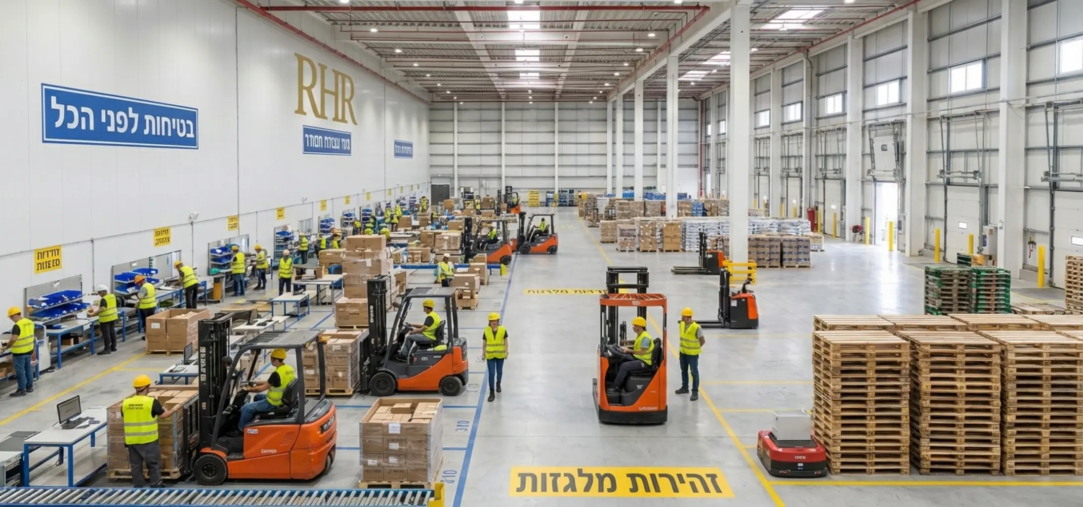תמונה של מחסן לוגיסטי גדול ומודרני שבו עובדים עם וסטים זוהרים וקסדות בטיחות עוסקים בסידור סחורה ושינוע ארגזים, הממחישה סביבת עבודה בטיחותית ומסודרת