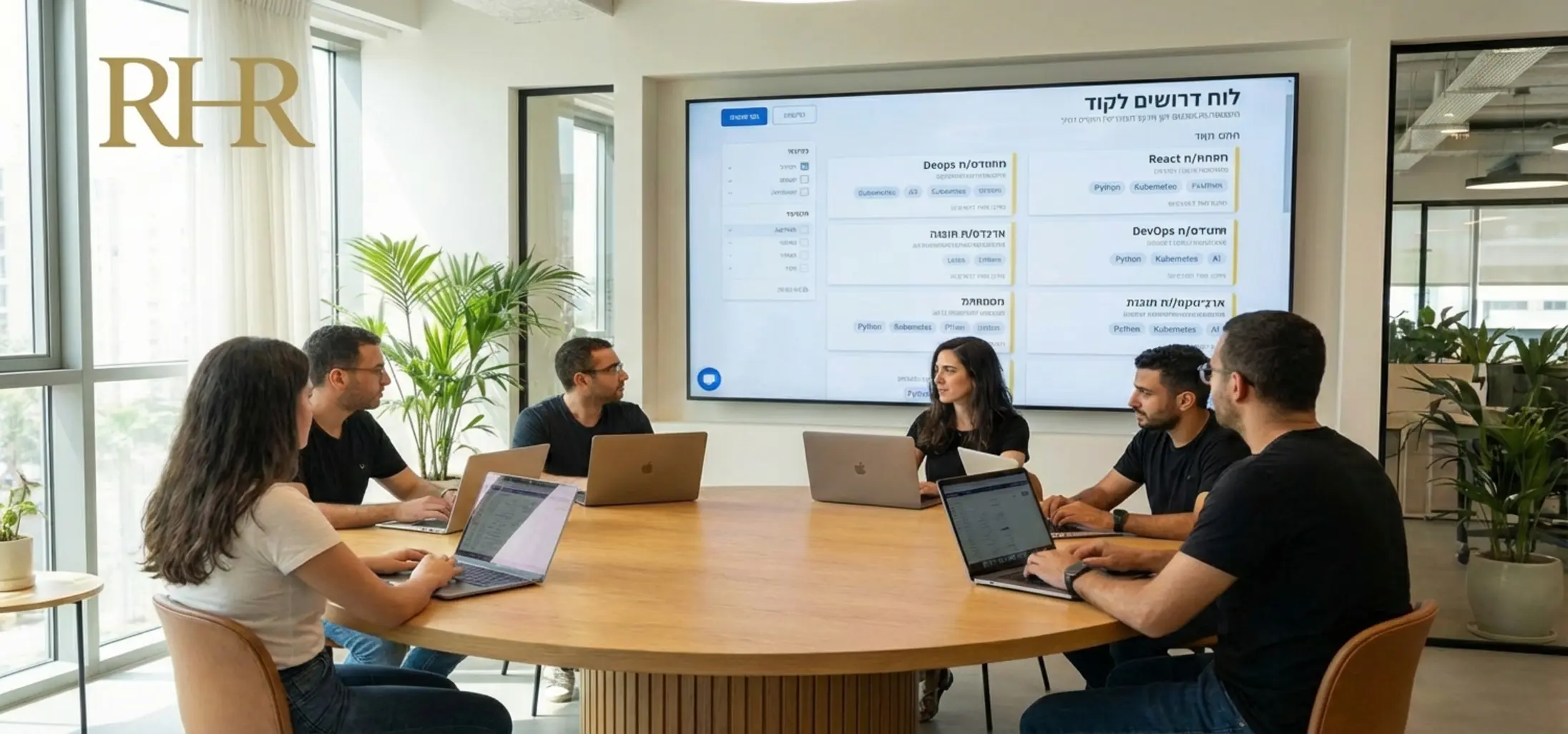 תמונה הממחישה קבוצת אנשי מקצוע מתחום ההייטק יושבים סביב שולחן עגול עם מחשבים ניידים, ומולם מסך המציג לוח דרושים ייעודי לקוד