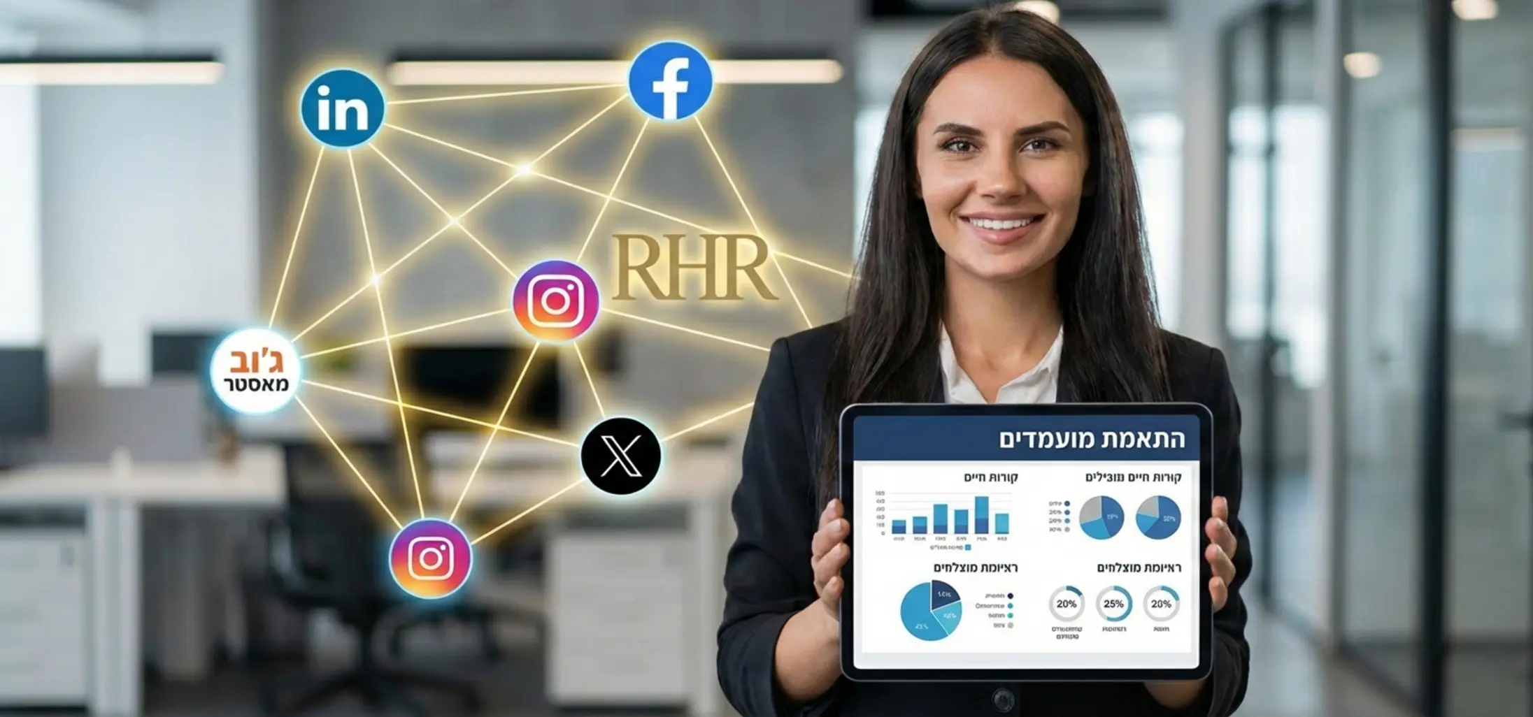 תמונה של מנהלת גיוס מחייכת המחזיקה טאבלט המציג גרפים של התאמת מועמדים, וברקע סמלים של רשתות חברתיות ואתרי דרושים שונים המחוברים ביניהם בקווי רשת