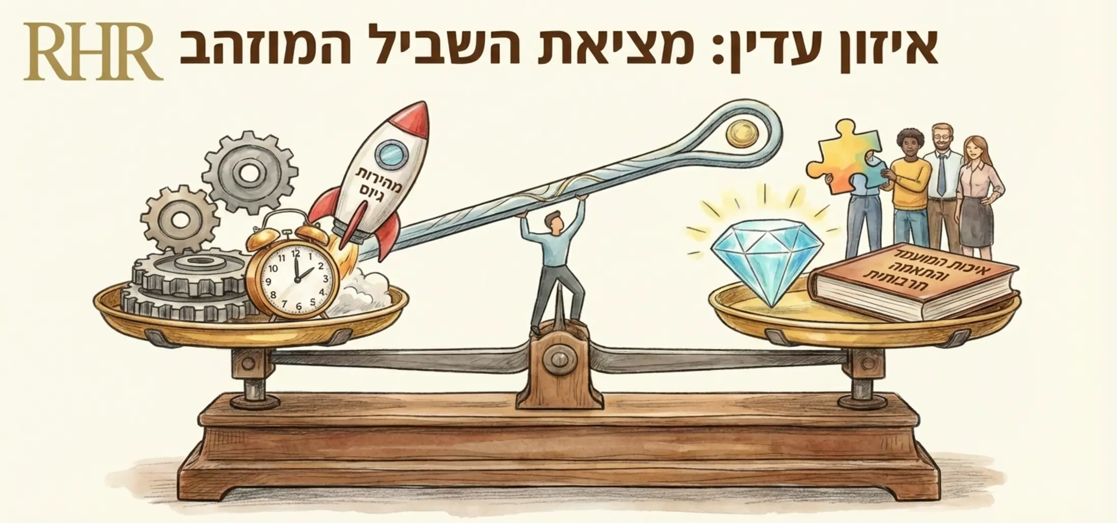 איור הממחיש את האיזון העדין בין מהירות הגיוס לבין איכות המועמד וההתאמה התרבותית שלו לארגון
