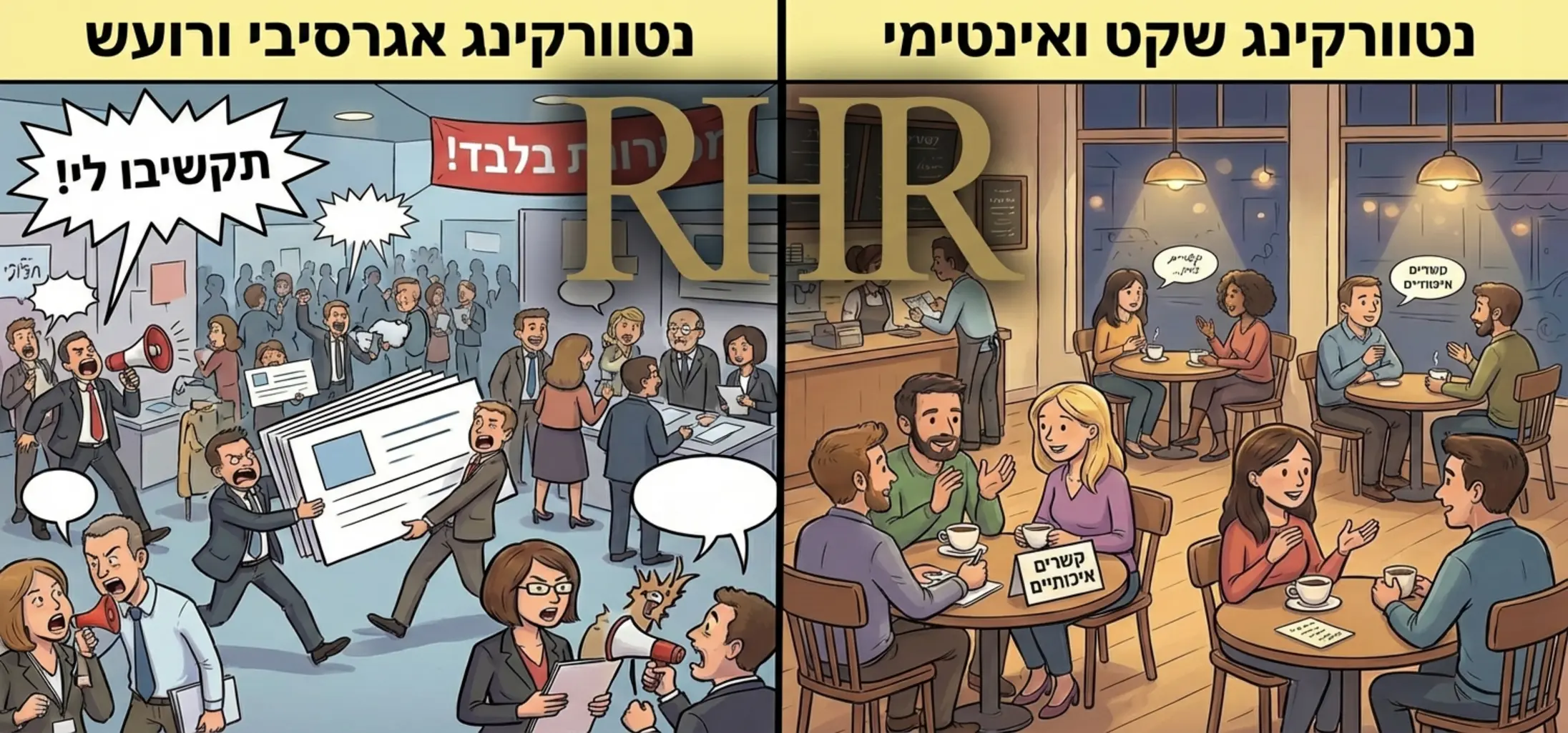 איור המציג את ההבדל בין נטוורקינג אגרסיבי ורועש לבין נטוורקינג שקט ואינטימי בבית קפה