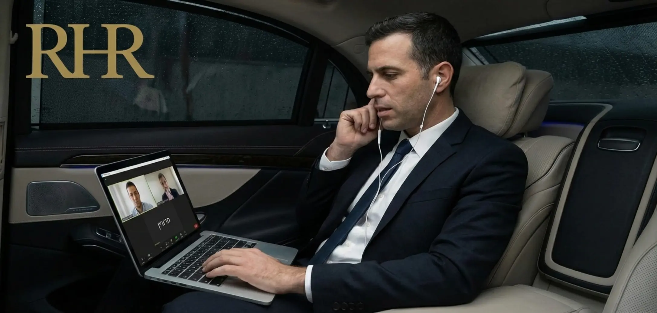 איש עסקים יושב ברכב עם מחשב נייד על הברכיים ומנהל ראיון עבודה בזום בשקט ודיסקרטיות