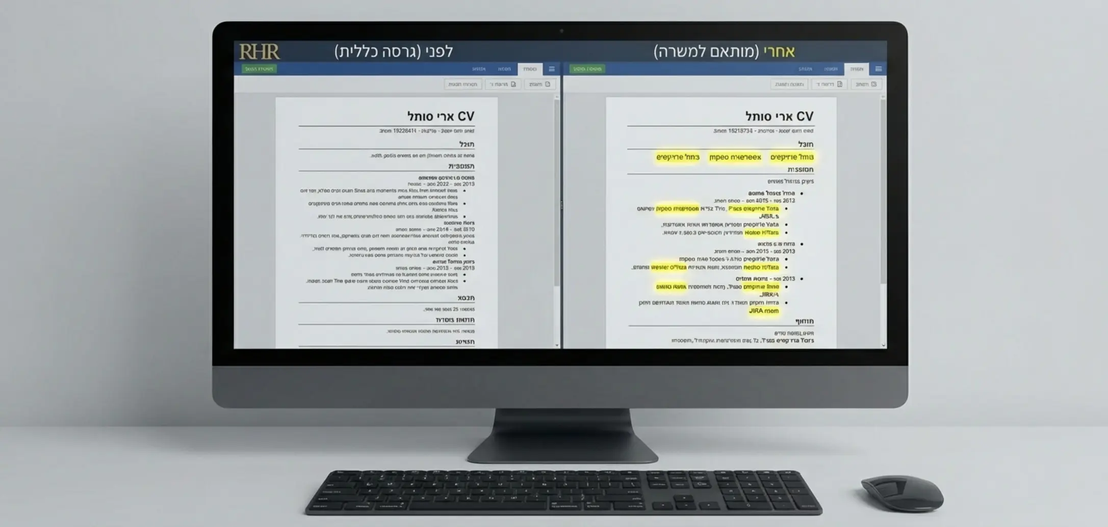צילום מסך מומחש של קורות חיים לפני ואחרי התאמה אישית למשרה כאשר הגרסה המותאמת מדגישה בצבע צהוב זוהר מילות מפתח מתוך תיאור המשרה המקורית ומציגה כיצד הטקסט שוכתב כדי להתאים בול לדרישות