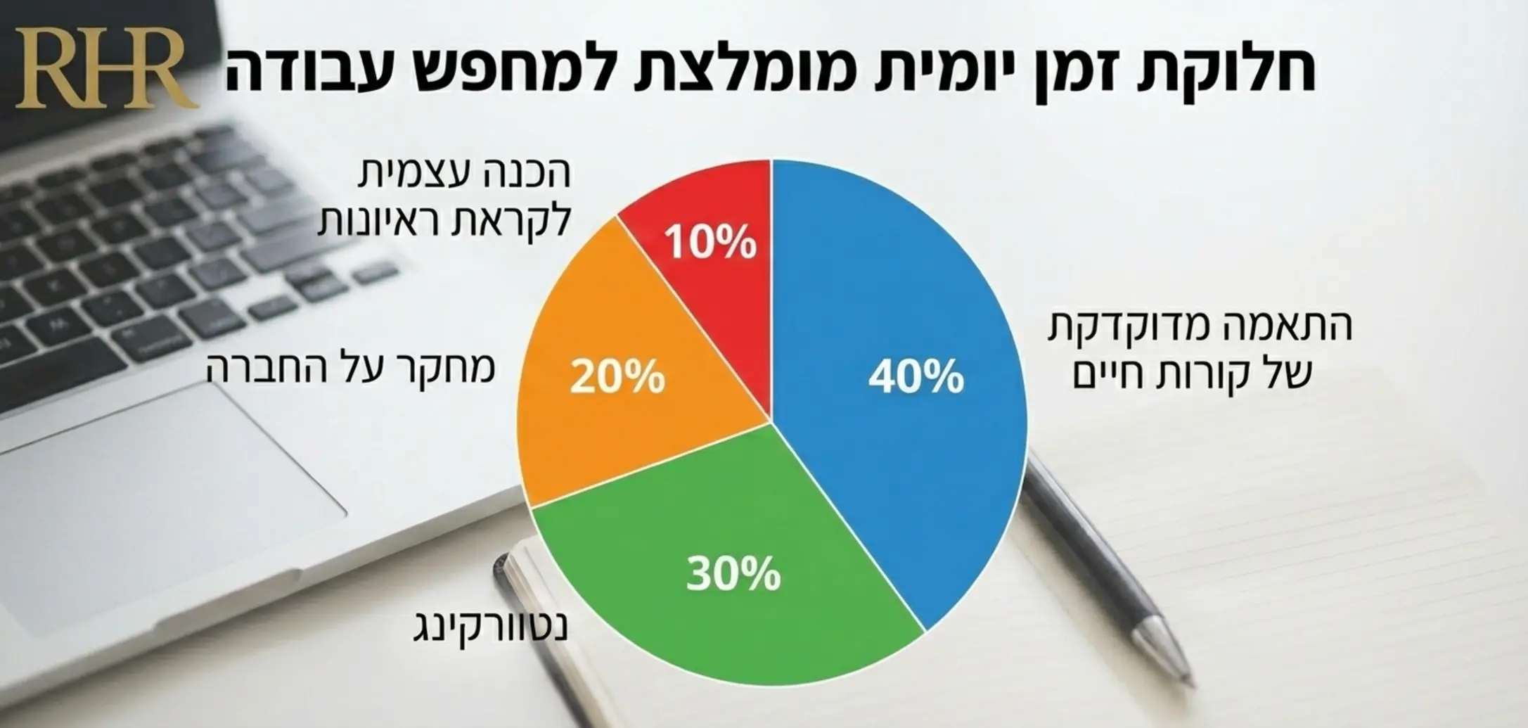 גרף עוגה המחלק את הזמן המומלץ ביום עבור מחפש עבודה עשרים אחוז מוקדשים למחקר על החברה ארבעים אחוז להתאמה מדוקדקת של קורות החיים שלושים אחוז לנטוורקינג ועשרה אחוזים להכנה עצמית לקראת ראיונות