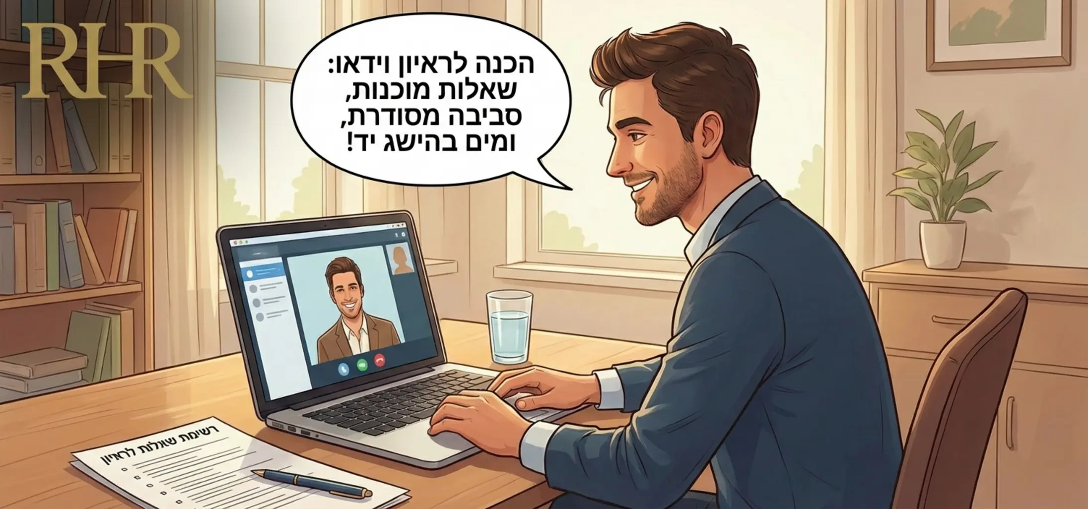איור של מראיין יושב מול מחשב נייד עם רשימת שאלות מוכנה וכוס מים, הממחיש הכנה נכונה לראיון וידאו