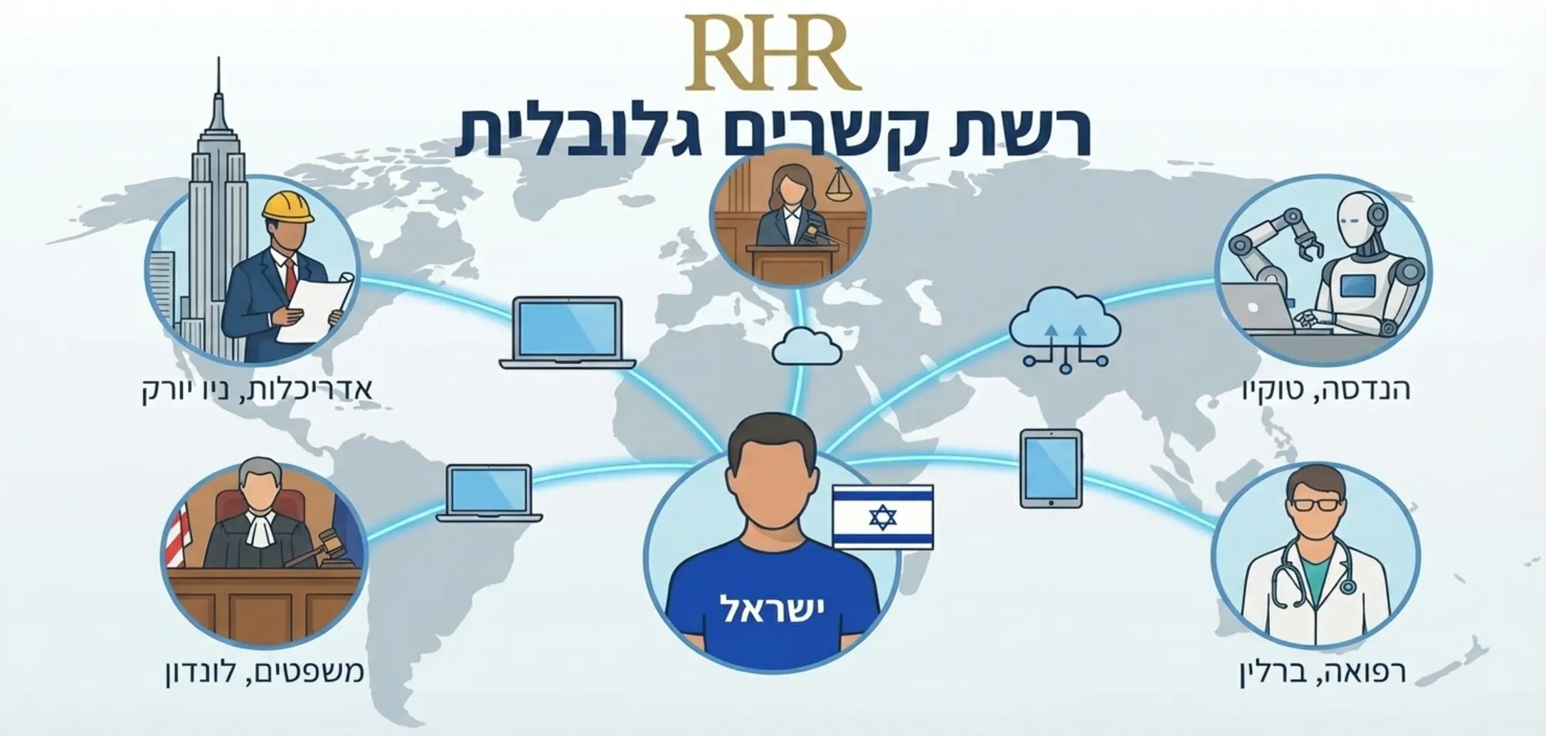 איור וקטורי של רשת קשרים גלובלית המראה אדם בישראל המחובר לאנשי מקצוע במדינות שונות בעולם דרך פלטפורמות דיגיטליות עם קווים המקשרים ביניהם