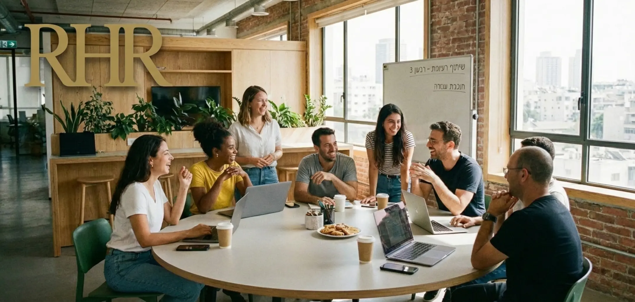 תמונה של קבוצת עובדים מגוונת יושבת יחד סביב שולחן עגול במשרד מודרני מנהלים שיחה ערה באווירה נינוחה