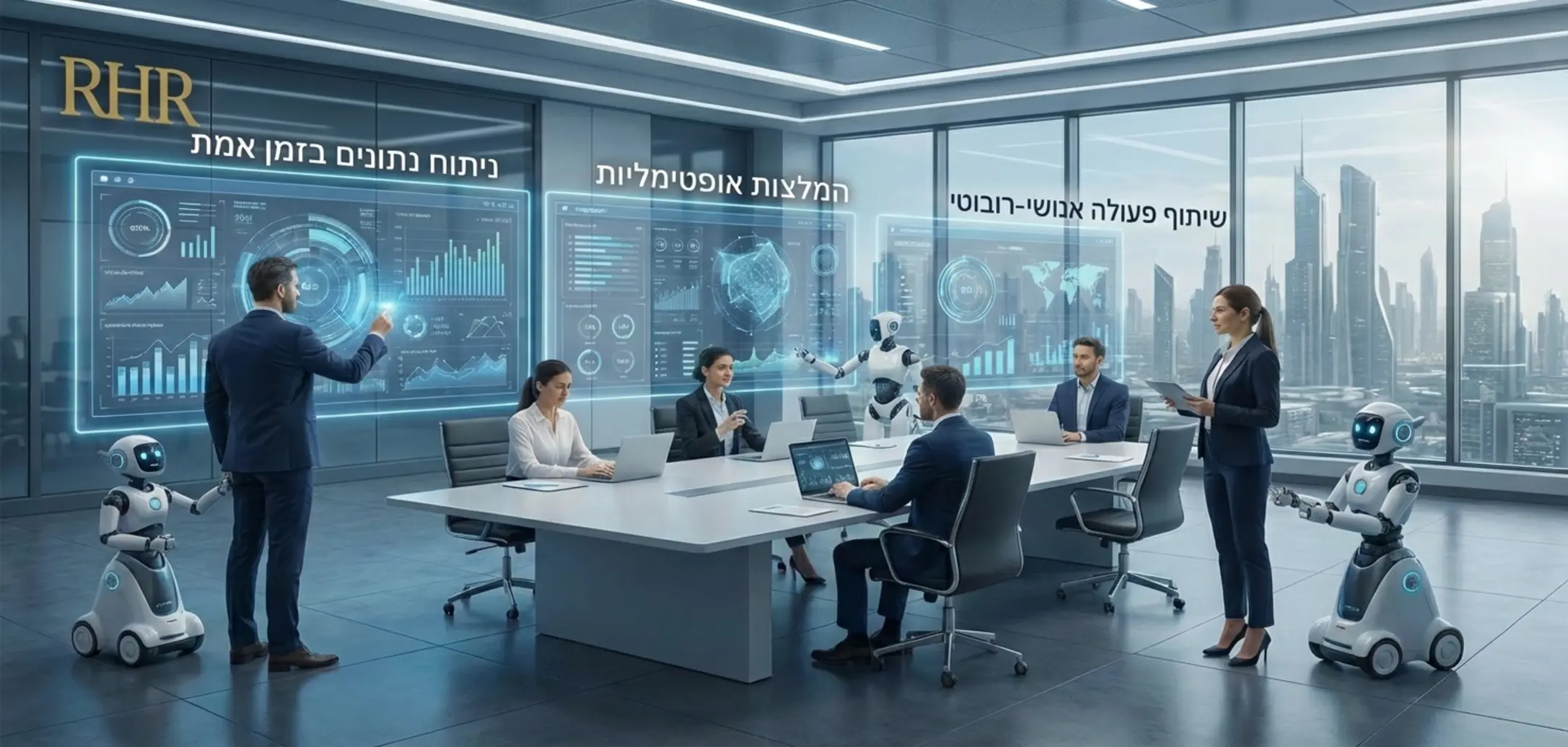 תמונה הממחישה סביבת עבודה היברידית שבה עובדים אנושיים יושבים בחדר ישיבות ונעזרים במסכים הולוגרפיים ורובוטים עוזרים לקבלת החלטות