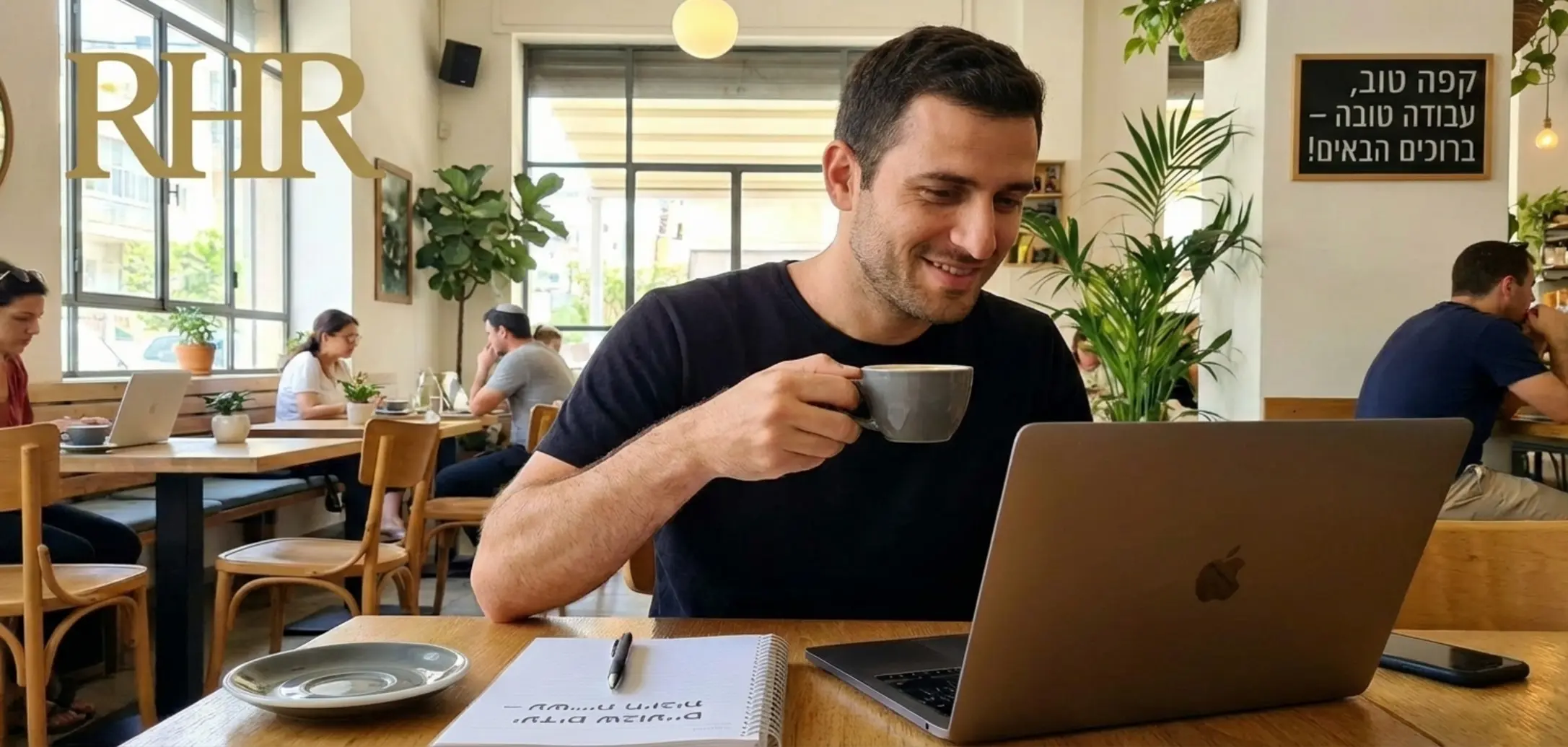 תמונה של אדם מחייך יושב בבית קפה עם מחשב נייד, שותה קפה ונראה מרוכז אך רגוע, משדר אווירה של עשייה חיובית