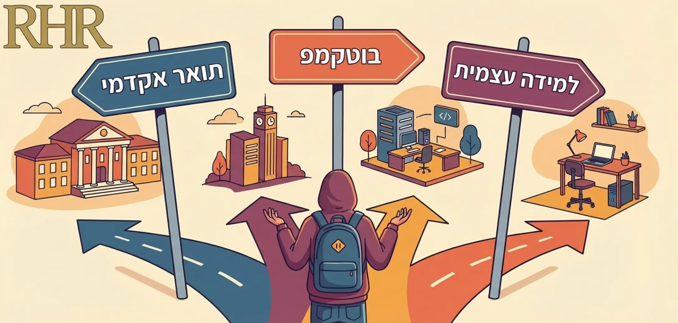 איור וקטורי המציג אדם עומד בצומת דרכים עם שלושה שלטים המצביעים לכיוונים שונים. על שלט אחד כתוב תואר אקדמי, על השני בוטקמפ ועל השלישי למידה עצמית