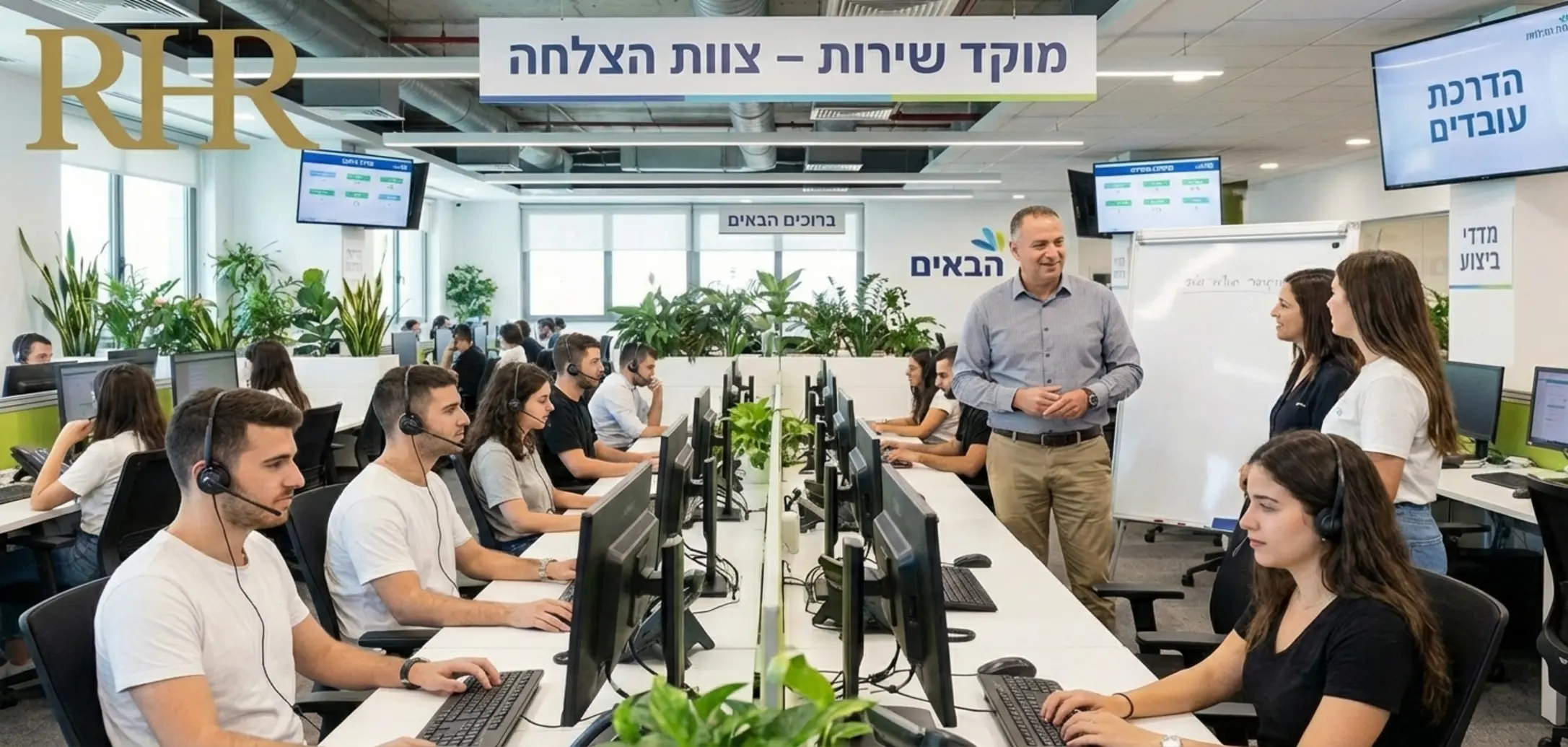 תמונה של מוקד שירות לקוחות גדול ודינמי בו נראים צעירים עובדים עם אוזניות מול מחשבים, ואחראי משמרת עומד ומדריך אותם בצורה מקצועית ותומכת