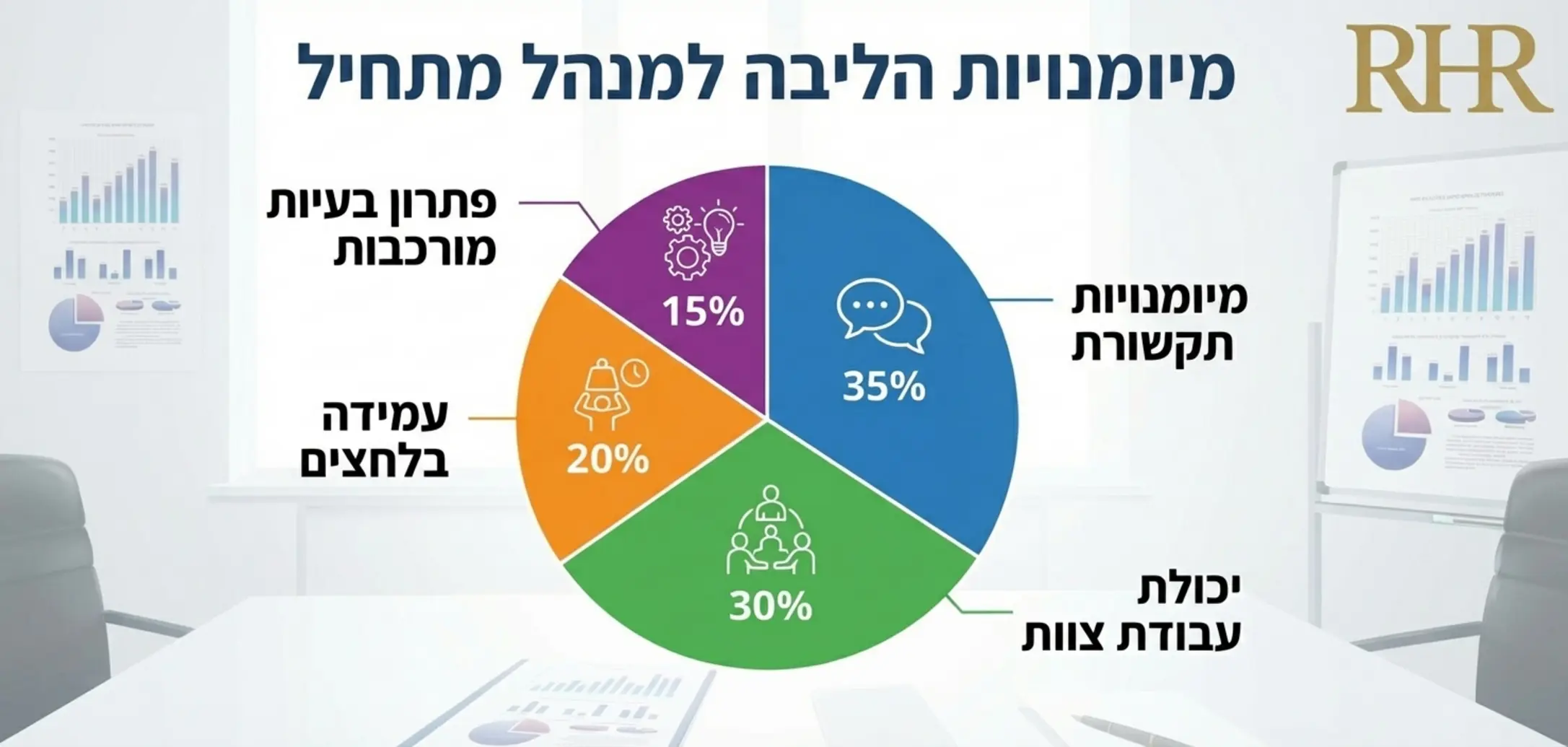 אינפוגרפיקה המפרטת את המיומנויות הנדרשות למנהל מתחיל, מחולקת לאחוזים בין מיומנויות תקשורת, יכולת עבודת צוות, עמידה בלחצים ופתרון בעיות מורכבות
