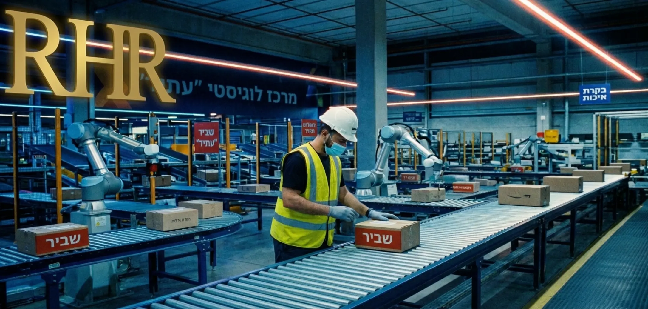 צילום איכותי של עובד לבוש בציוד מגן אישי באפוד זוהר וקסדה מסדר סחורות במרכז לוגיסטי מתקדם בשעות הלילה