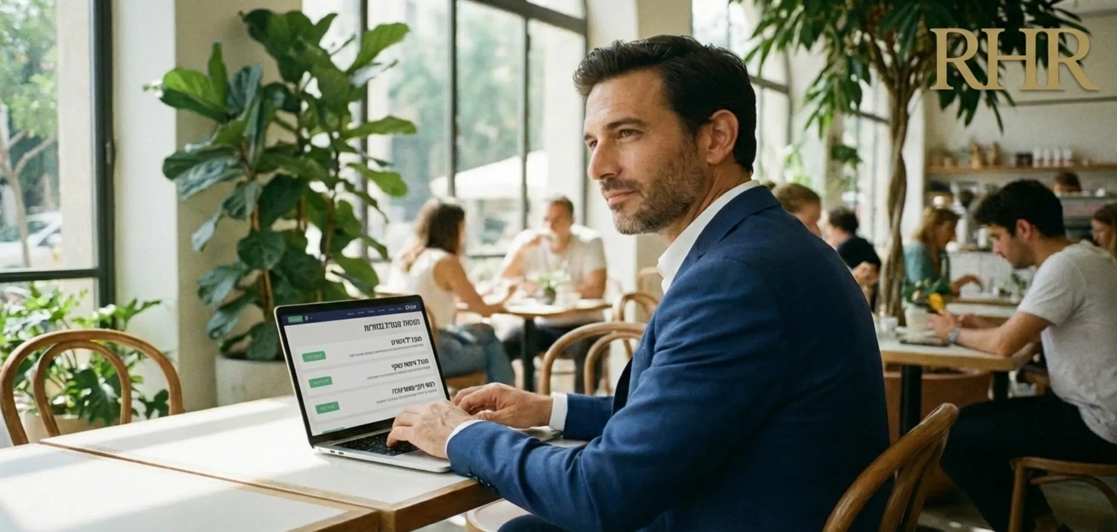 תמונה של אדם הלבוש בחליפת עסקים יושב בבית קפה מואר עם מחשב נייד ובוחן הצעות עבודה מתוך רשימה ונראה שקול ורגוע ובוטח בעצמו