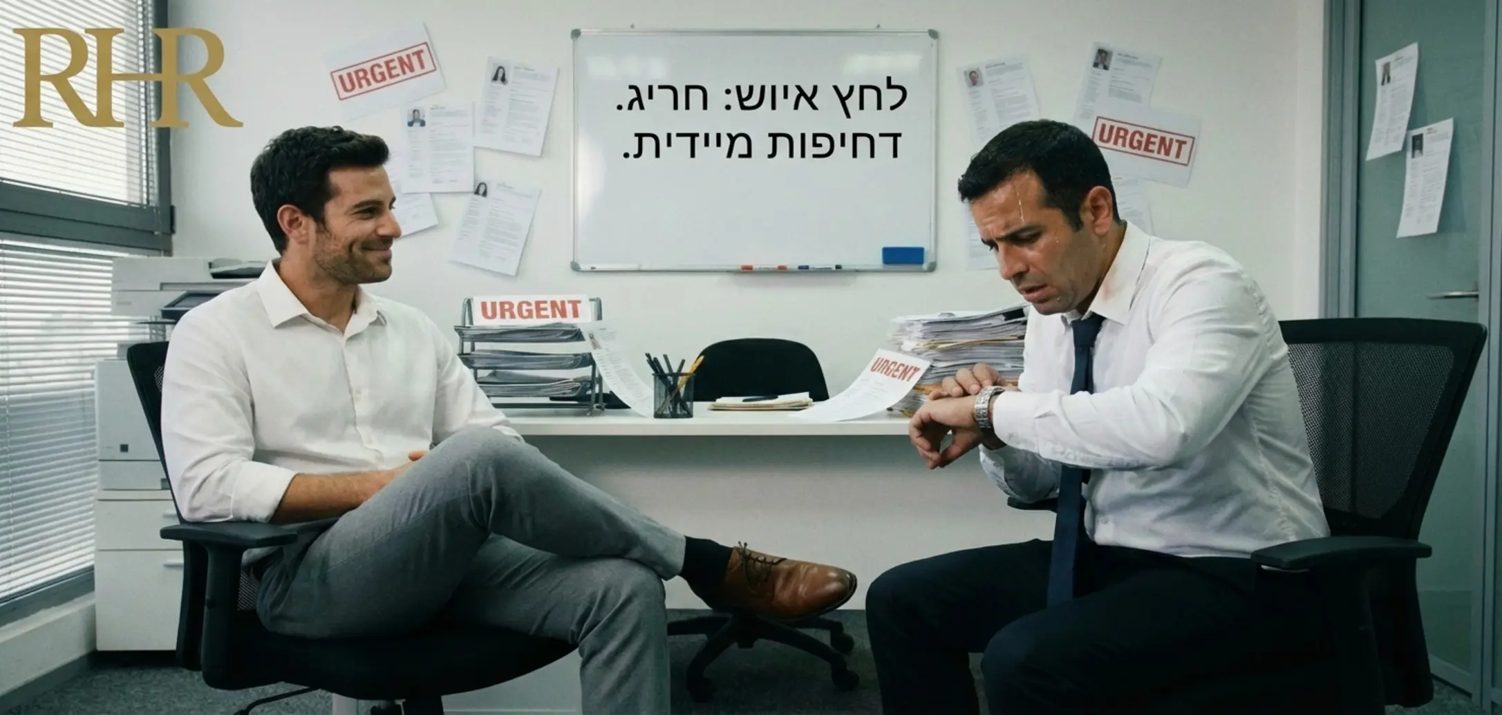 תמונה של מועמד יושב נינוח מול מראיין שנראה לחוץ ומסתכל על השעון, ממחישה את יחסי הכוחות המשתנים בחדר הראיונות כאשר ישנה דחיפות באיוש המשרה