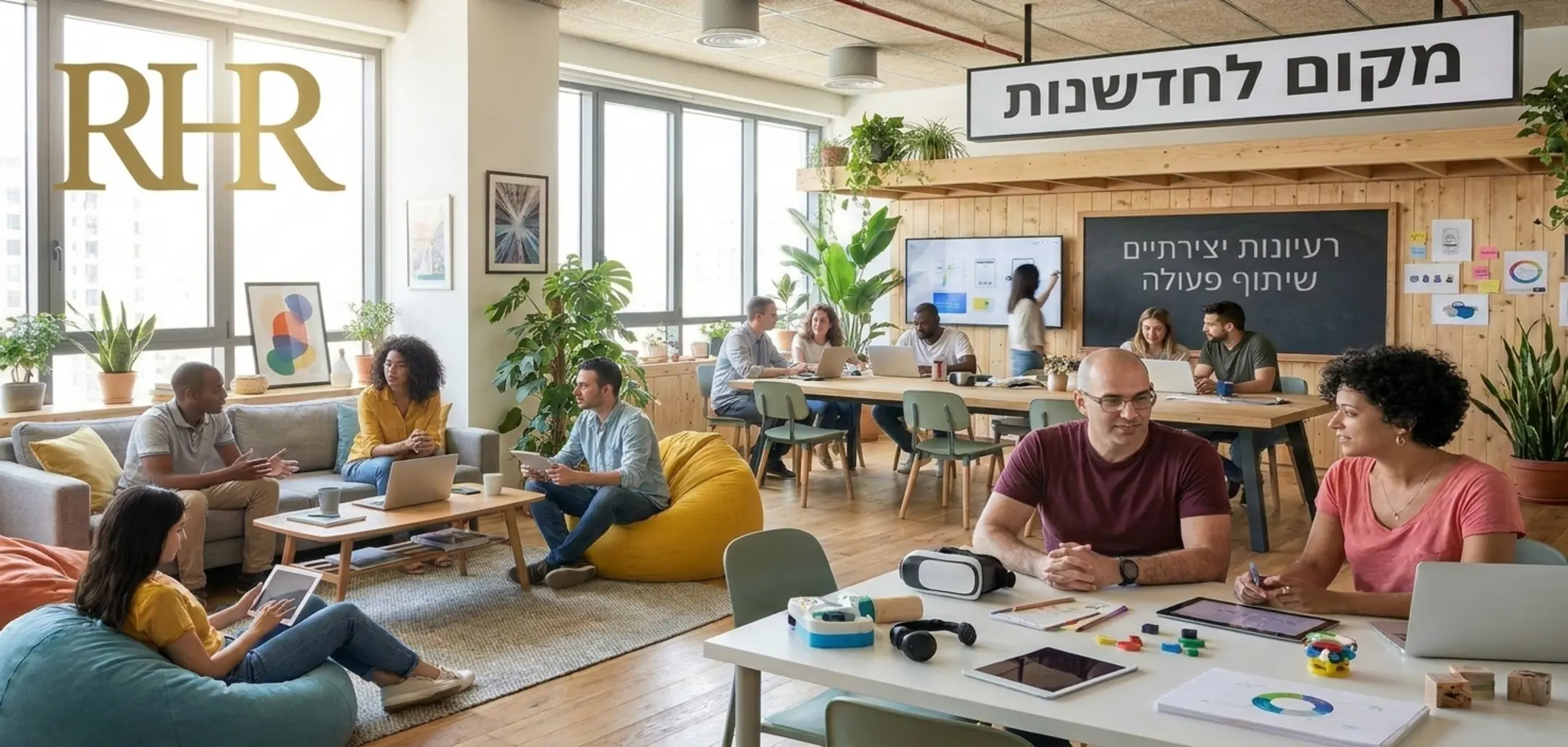 צילום של סביבת עבודה מודרנית בה עובדים יושבים בצוותים באווירה פתוחה ומוארת, מציג שילוב של טכנולוגיה ומרחב אישי המעודד יצירתיות