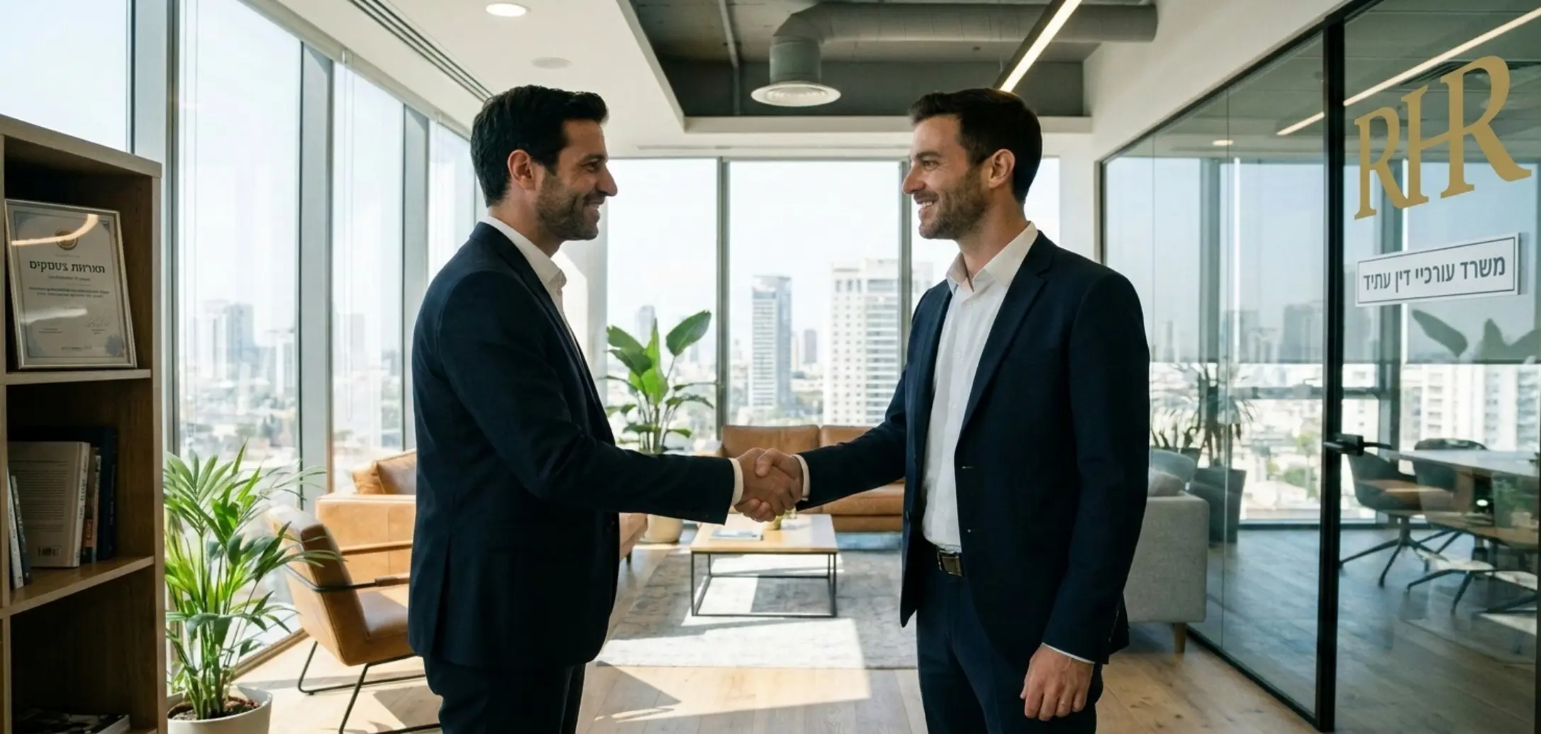 תמונה מקצועית של לחיצת יד בין מראיין למרואיין במשרד מודרני מואר היטב שמשדרת הצלחה ואמון