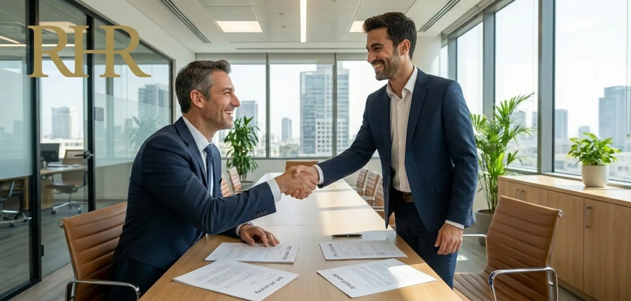 תמונה באיכות גבוהה של מנהל מגייס ומועמדת יושבים בחדר ישיבות מודרני ומואר, לוחצים ידיים בחיוך רחב לאחר ראיון עבודה מוצלח, כאשר על השולחן מונחים מסמכי הערכה וקורות חיים