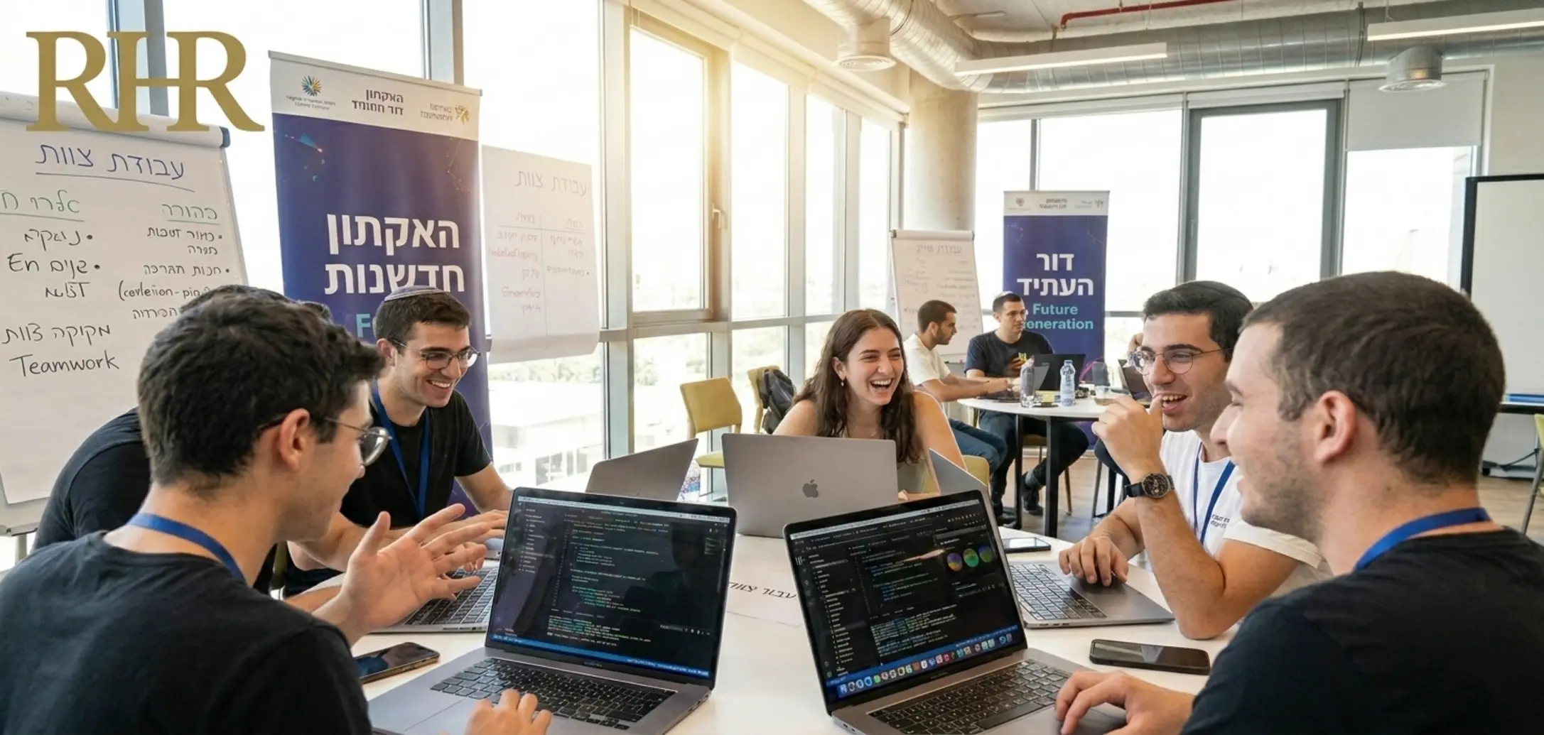 צעירים מדור הZ יושבים בחלל עבודה מודרני מול מחשבים ניידים, משתפים פעולה בהאקתון עם קוד וגרפים על המסכים באווירה אנרגטית ומוארת המדגישה עבודת צוות