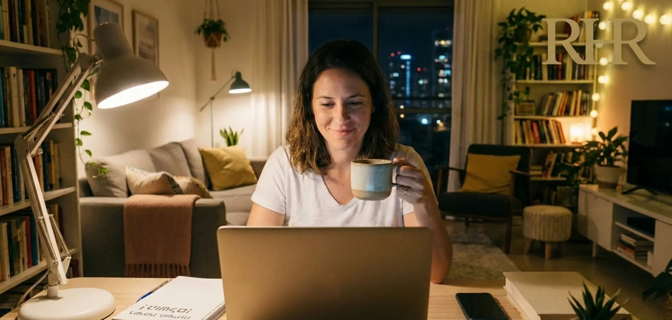 תמונה של גבר או אישה יושבים מול מחשב נייד בשעות הערב עם כוס קפה נראים ממוקדים ומרוצים ברקע סלון ביתי מואר באור רך המשדר אווירה של עבודה מהבית