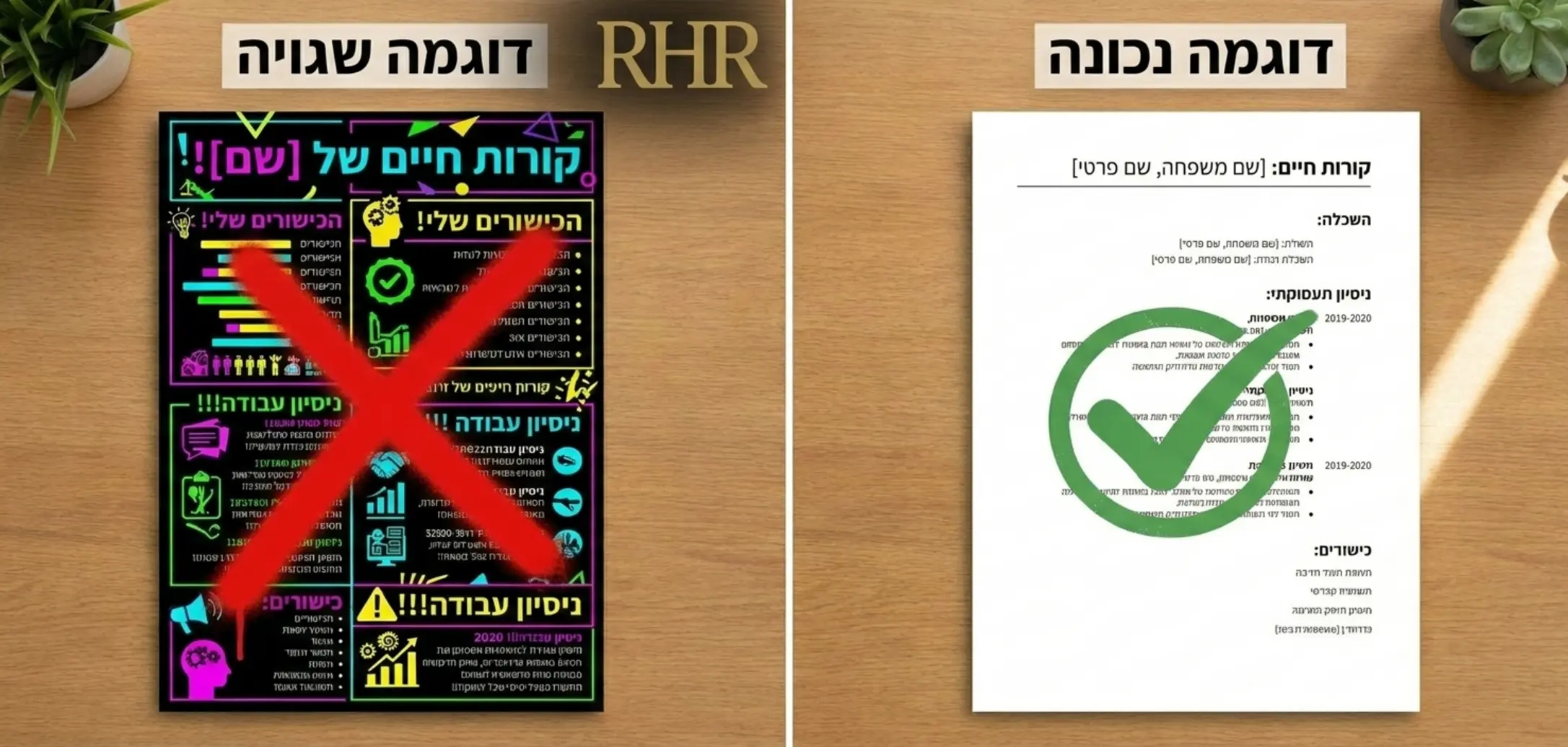 דוגמה חזותית ברורה המציגה שני סוגים של מסמכי קורות חיים זה לצד זה. בצד הימני מופיע מסמך עמוס מאוד עם צבעים בוהקים ואלמנטים גרפיים מיותרים ועליו איקס אדום גדול. בצד השמאלי מופיע מסמך נקי, אלגנטי, עם טקסט שחור על גבי רקע לבן ומרווחים נכונים ועליו וי ירוק המסמל הצלחה