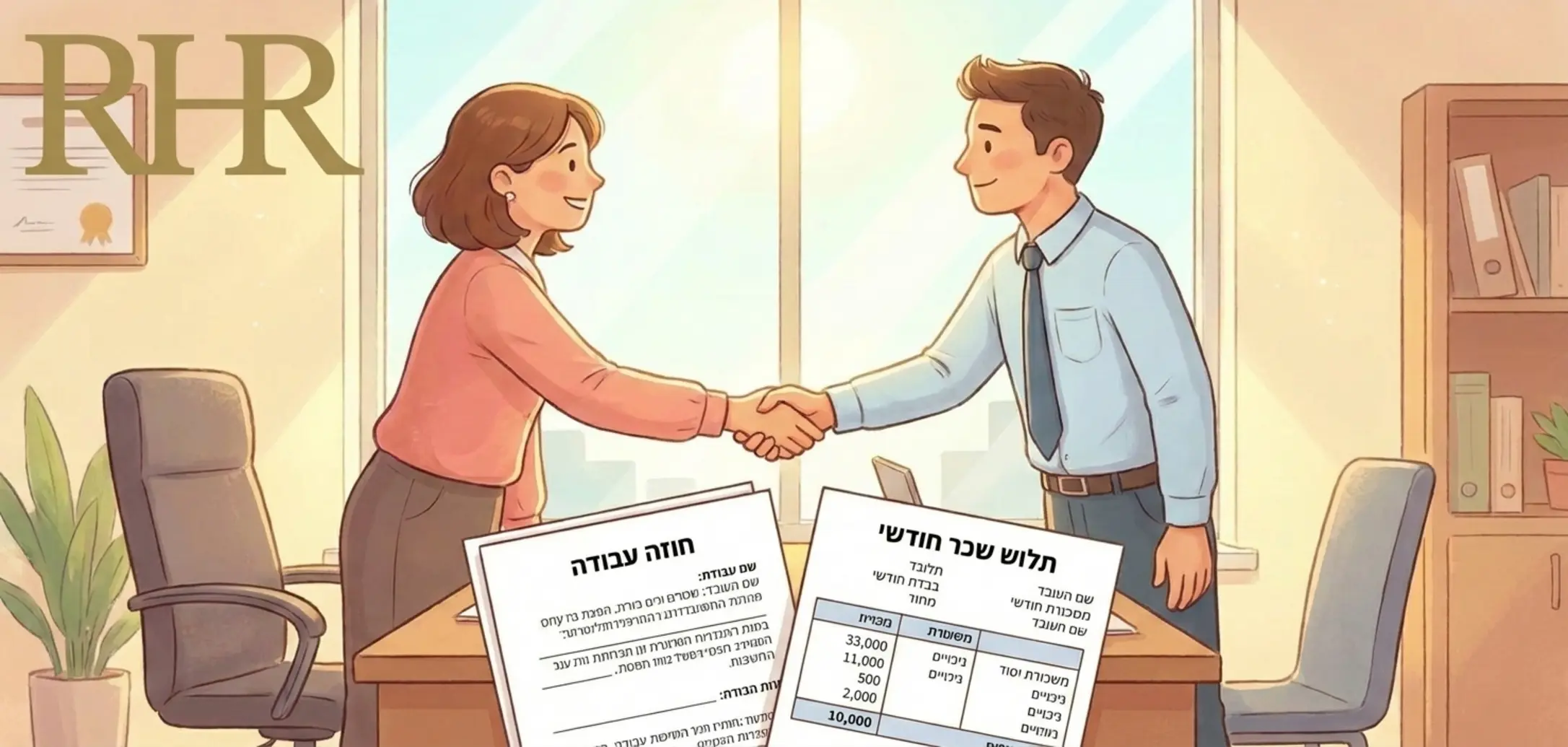 תמונת אילוסטרציה של עובד ומעסיק לוחצים ידיים מעל חוזה עבודה ותלוש שכר מפורט, באווירה משרדית מוארת ונעימה