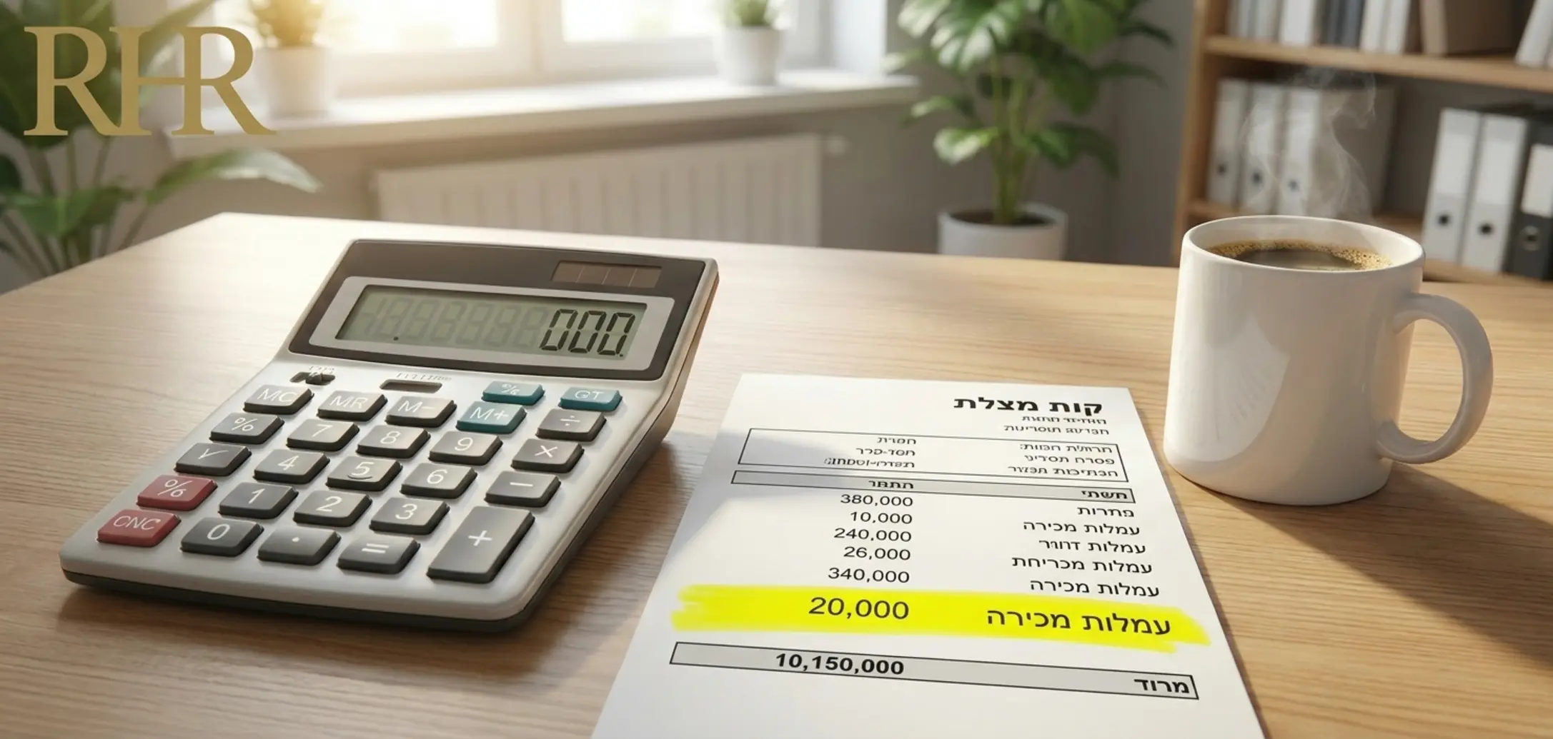 תמונה של מחשבון שולחני, תלוש משכורת מודפס עם מרקר המדגיש את שורת העמלות, וכוס קפה על שולחן עץ באווירה משרדית נקייה