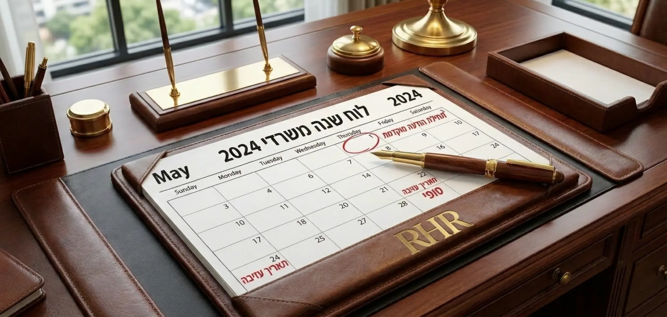 תמונה של לוח שנה משרדי מהודר עליו מונח עט יוקרתי המסמן בעיגול את תאריך תחילת ההודעה המוקדמת ואת תאריך העזיבה הסופי