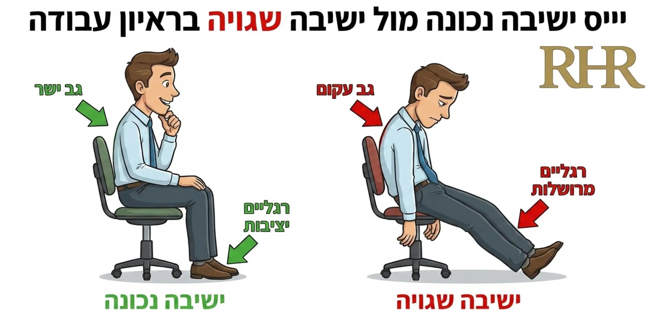 איור המדגים ישיבה נכונה מול ישיבה שגויה בראיון עבודה. בצד אחד מועמד רכון קדימה בעניין עם גב ישר, ובצד השני מועמד שקוע בכיסא בצורה מרושלת. חצים מצביעים על זווית הגב ומיקום הרגליים