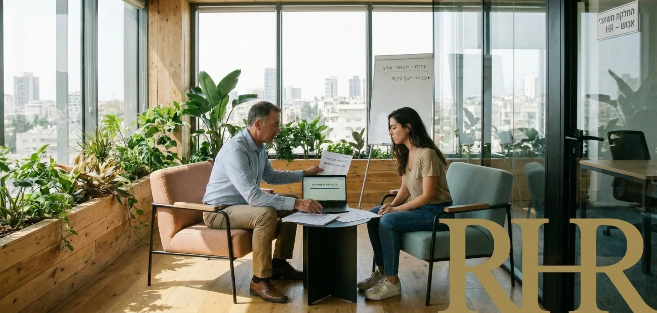 צילום אווירה של פגישת ייעוץ פנסיוני במשרד משאבי אנוש של חברה מודרנית, בה יועץ פיננסי מסביר לעובד על מסמכי הדו